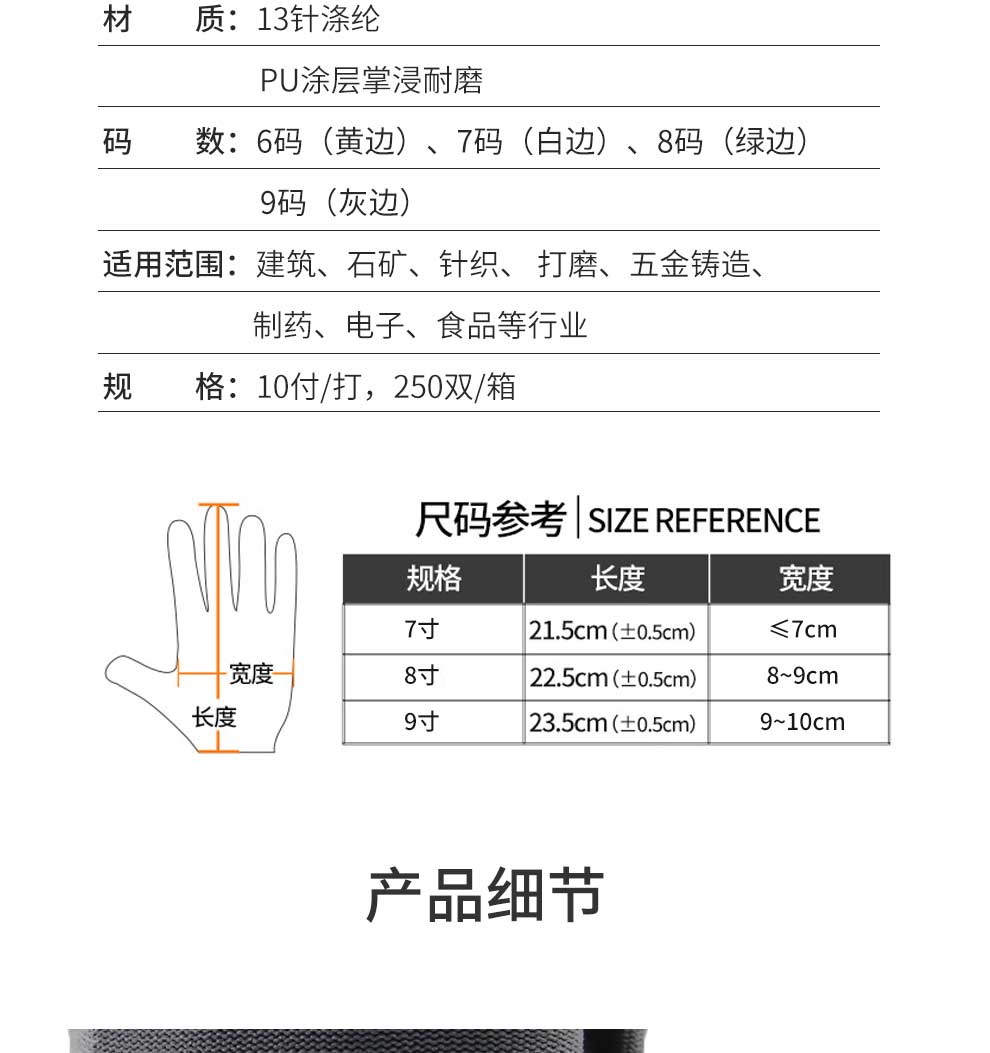 汉盾劳保批发 GP5013 13针PU涂层掌浸耐磨工作手套 独立装