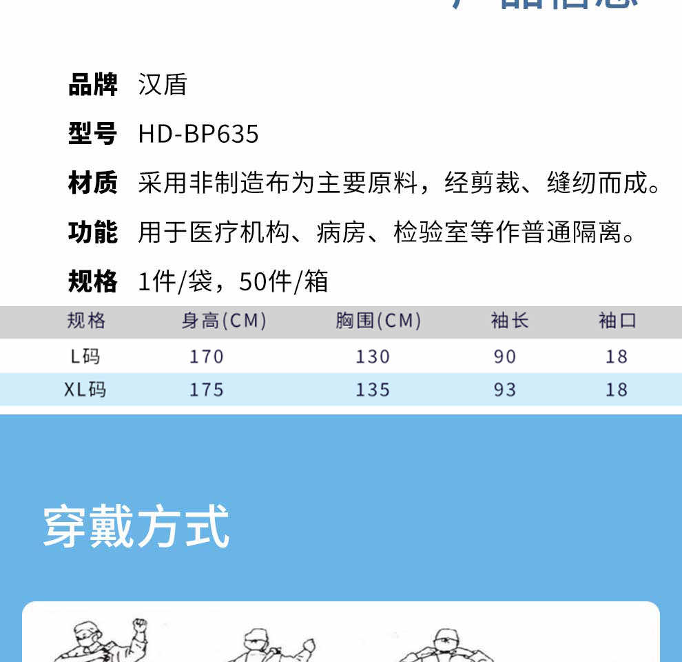 汉盾劳保批发 BP635 一次性反穿式隔离衣